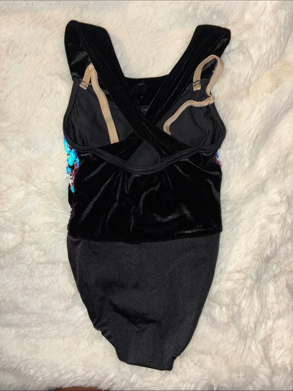 Girls Black Dance Leotard with Iridescent Blue Sequins